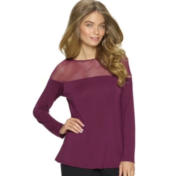 Burgundy Wine Mesh Accent Soft Modal Tunic Top - Picture 2 of 5
